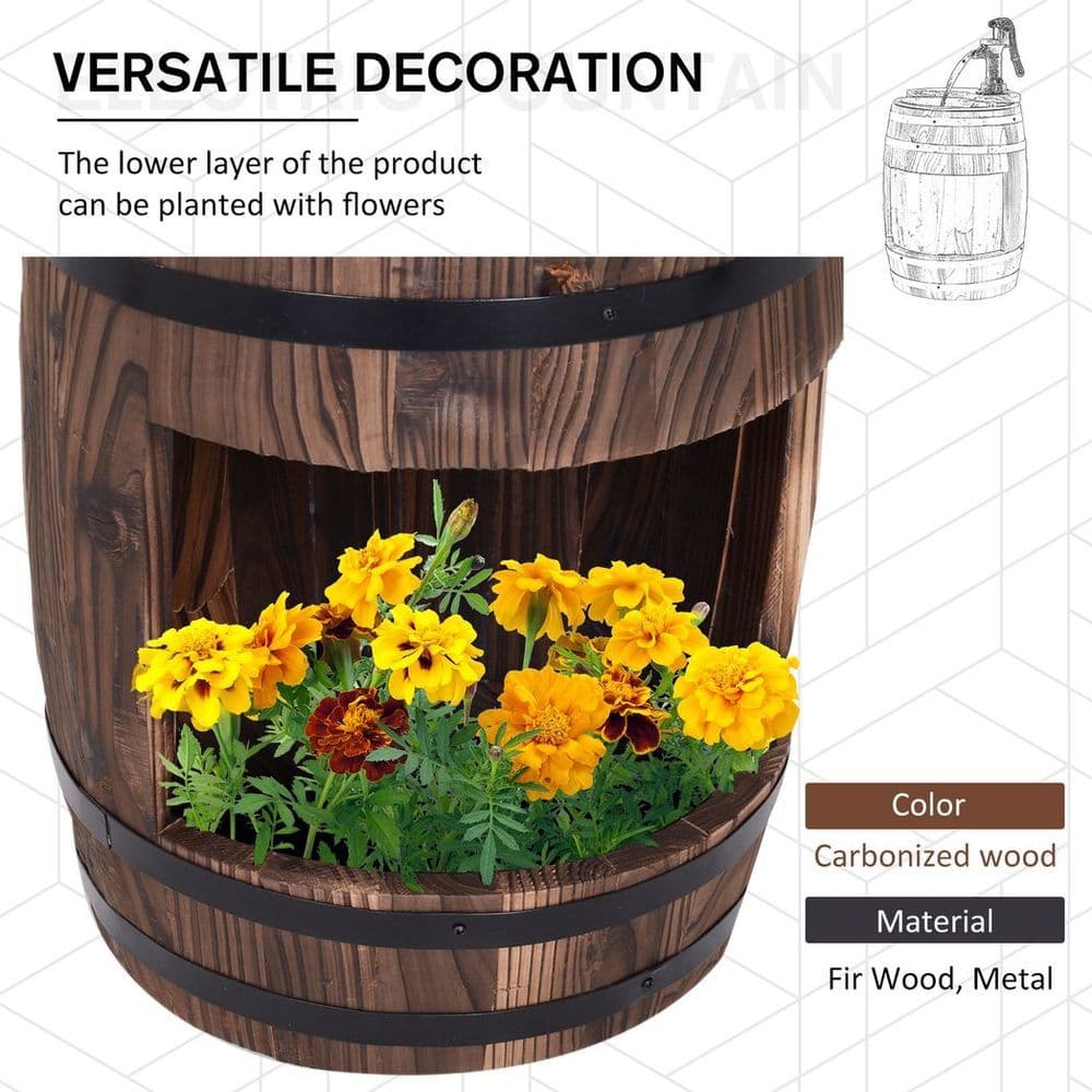 image-Outsunny Wood Barrel Pump Garden Fountain Water Feature Flower Planter Stand New
