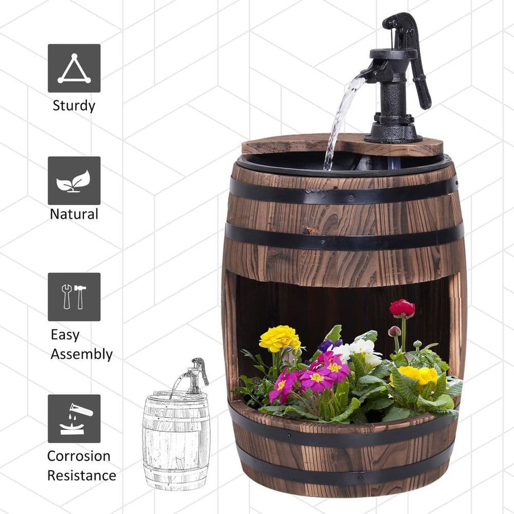 image-Outsunny Wood Barrel Pump Garden Fountain Water Feature Flower Planter Stand New
