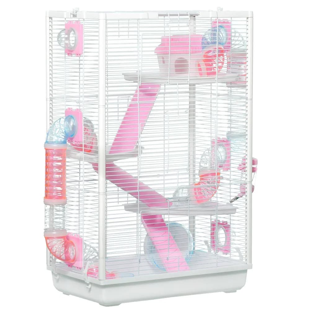 image-PawHut Hamster Cage with Tubes, Gerbilarium Cage w/ Detachable Bottom, Ramps