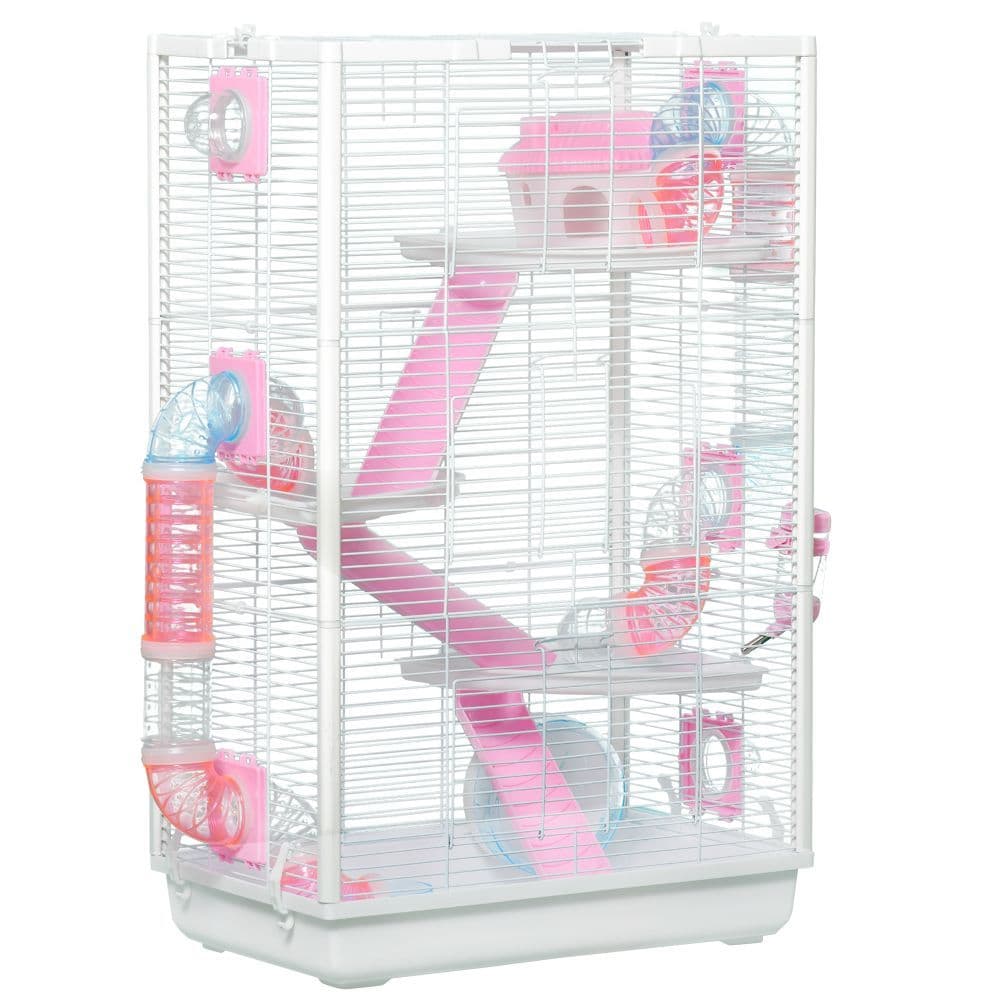 image-PawHut Hamster Cage with Tubes, Gerbilarium Cage w/ Detachable Bottom, Ramps