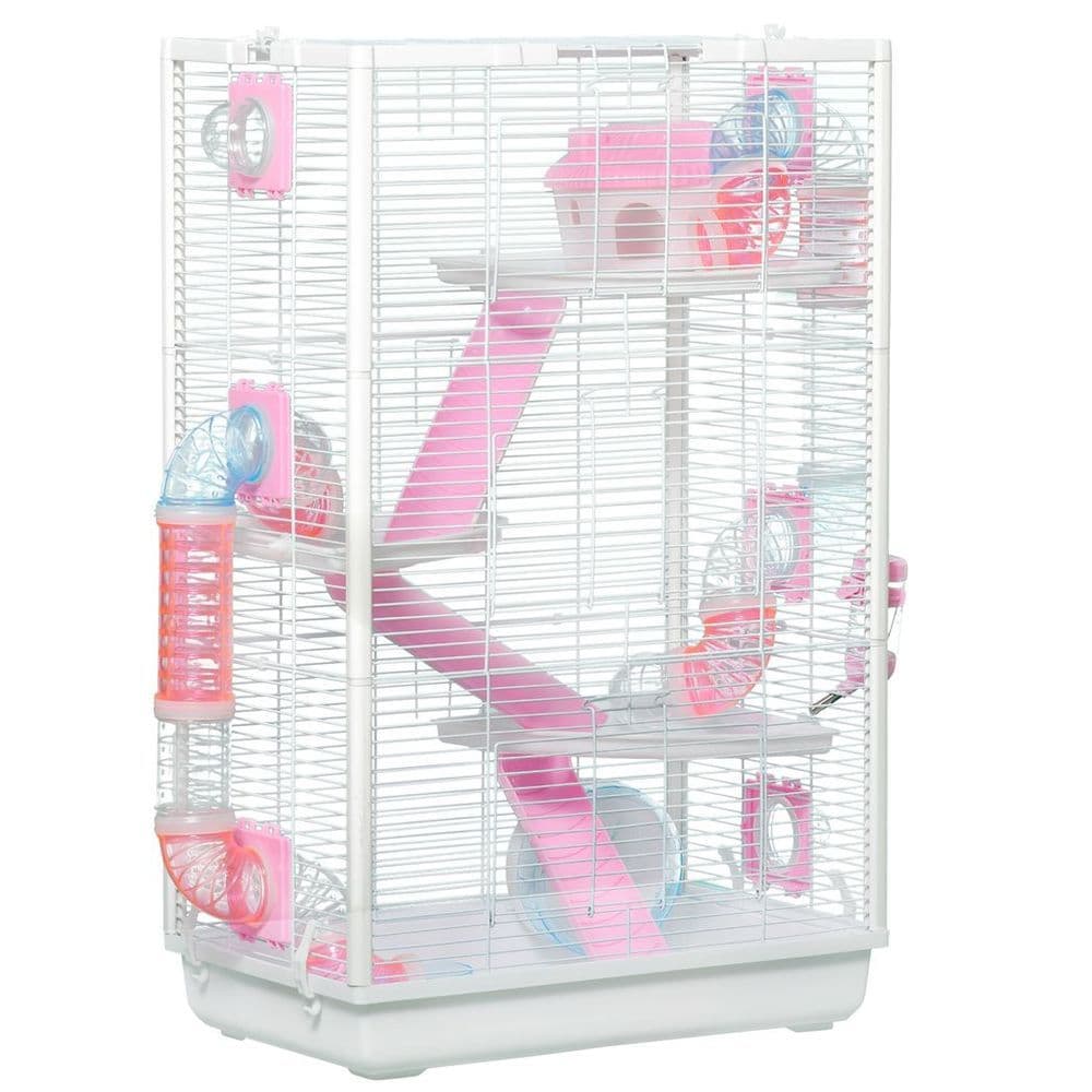 image-PawHut Hamster Cage with Tubes, Gerbilarium Cage w/ Detachable Bottom, Ramps