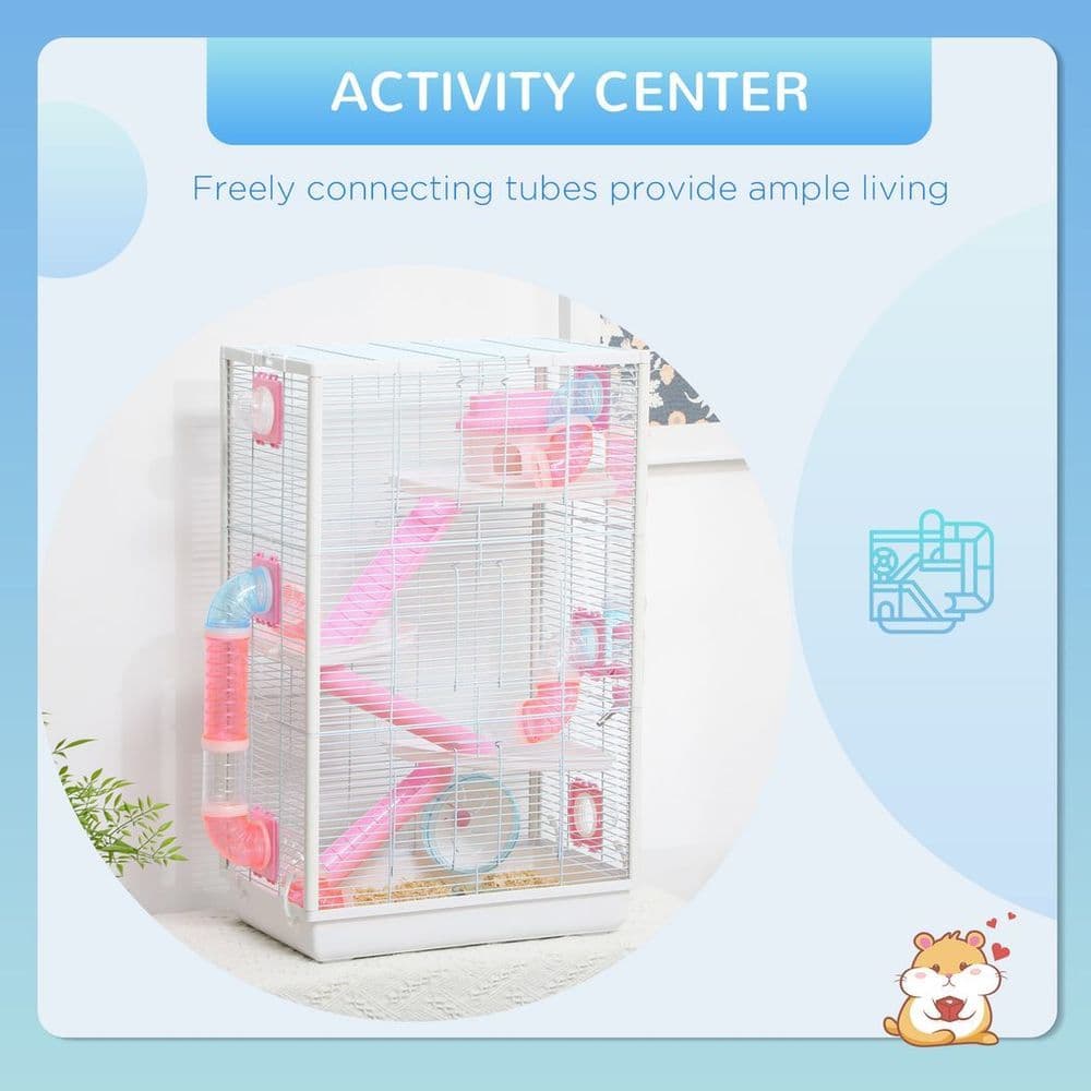 image-PawHut Hamster Cage with Tubes, Gerbilarium Cage w/ Detachable Bottom, Ramps