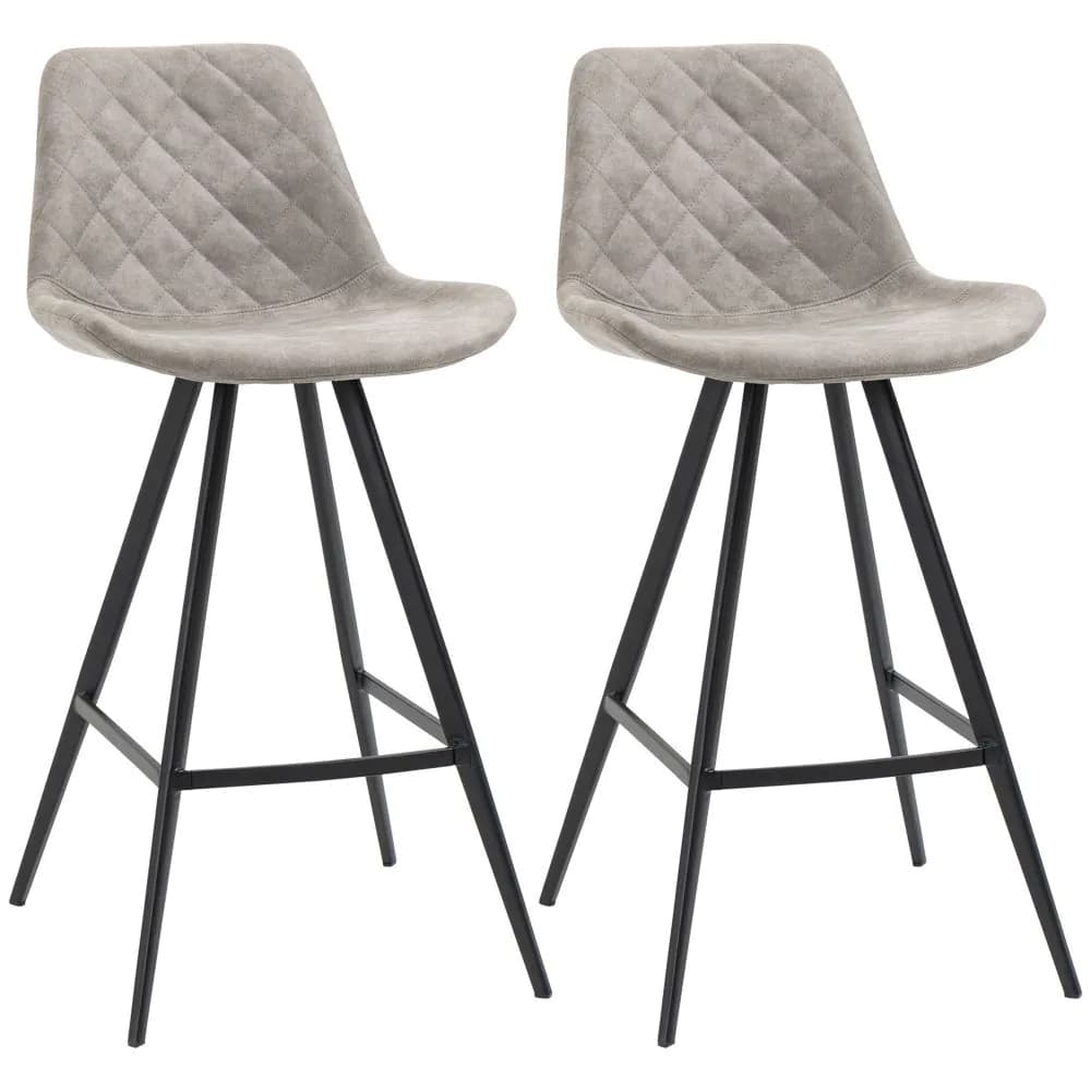 image-HOMCOM Set Of 2 Bar Stools Vintage Microfiber Cloth Tub Seats Padded Steel Grey