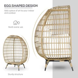 image-Outsunny Round PE Rattan Outdoor Egg Chair w/ Padded Cushions for Garden, Khaki