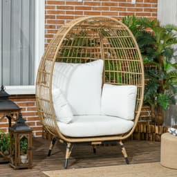 image-Outsunny Round PE Rattan Outdoor Egg Chair w/ Padded Cushions for Garden, Khaki