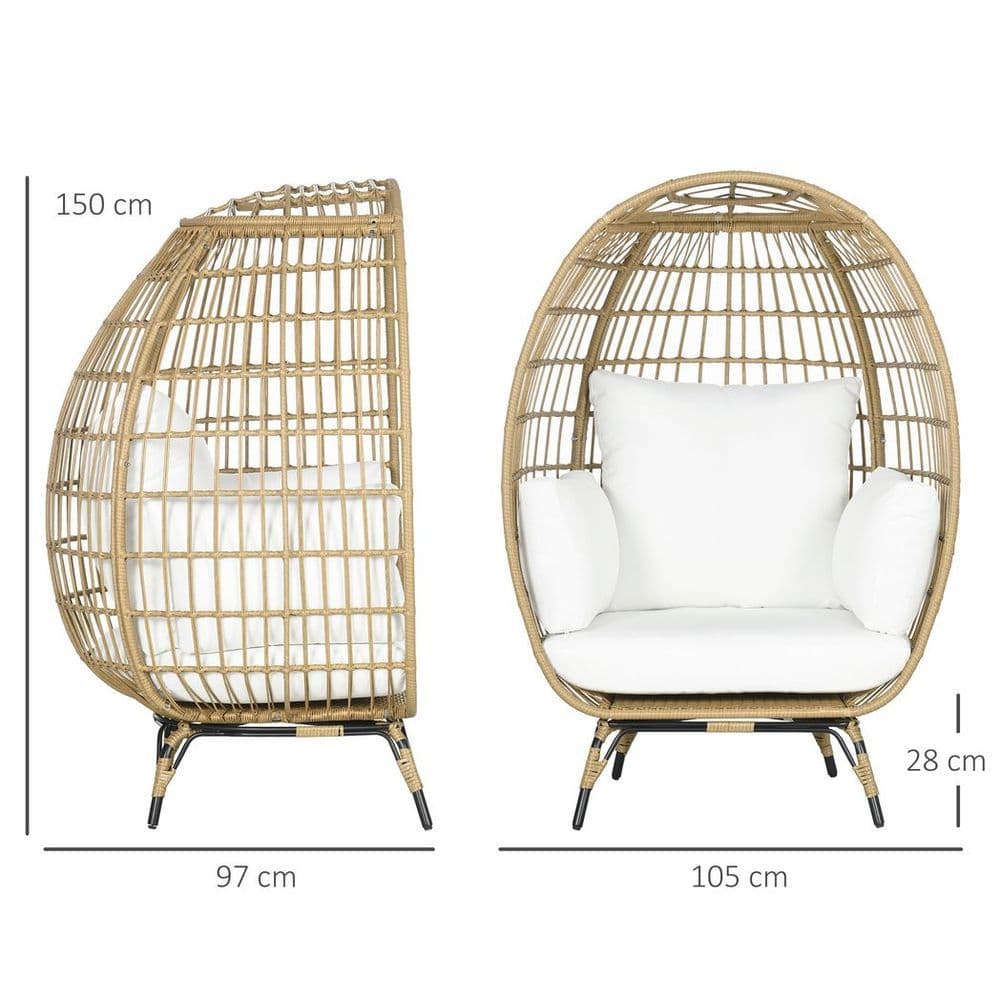 image-Outsunny Round PE Rattan Outdoor Egg Chair w/ Padded Cushions for Garden, Khaki
