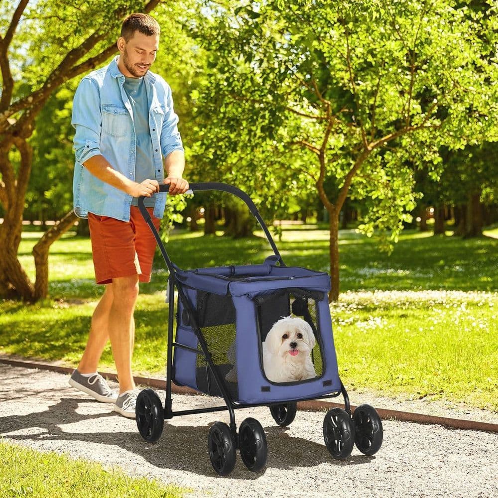 image-PawHut One-click Foldable Pet Stroller w/ Mesh Windows, for Small Pets - Blue