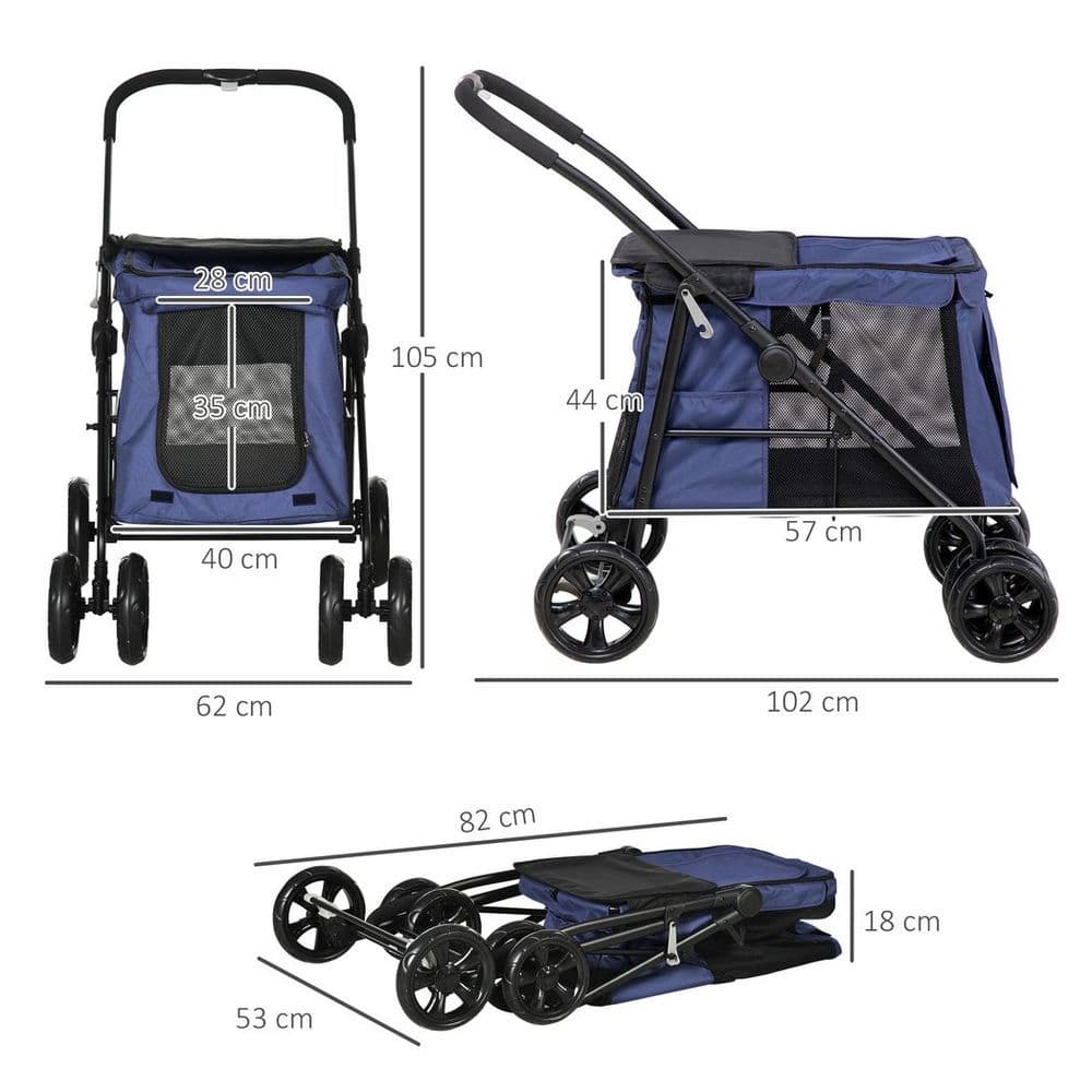 image-PawHut One-click Foldable Pet Stroller w/ Mesh Windows, for Small Pets - Blue
