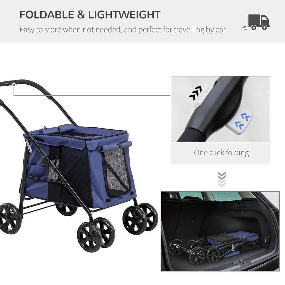 image-PawHut One-click Foldable Pet Stroller w/ Mesh Windows, for Small Pets - Blue
