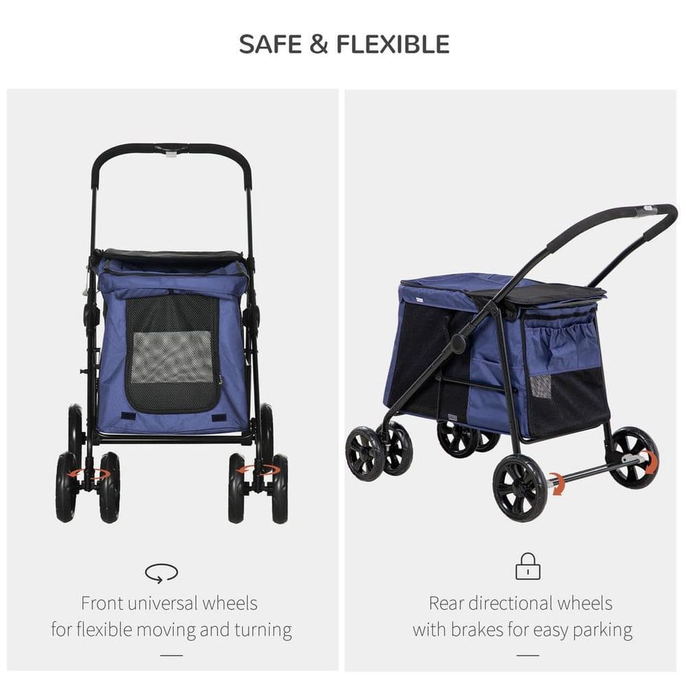 image-PawHut One-click Foldable Pet Stroller w/ Mesh Windows, for Small Pets - Blue