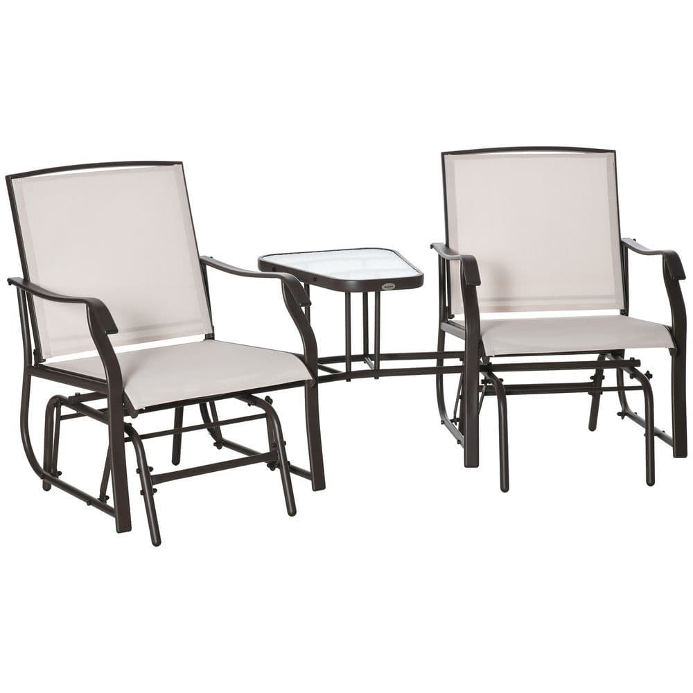 image-Outsunny Double Glider Companion Rocking Chairs Loveseat Garden Table Beige