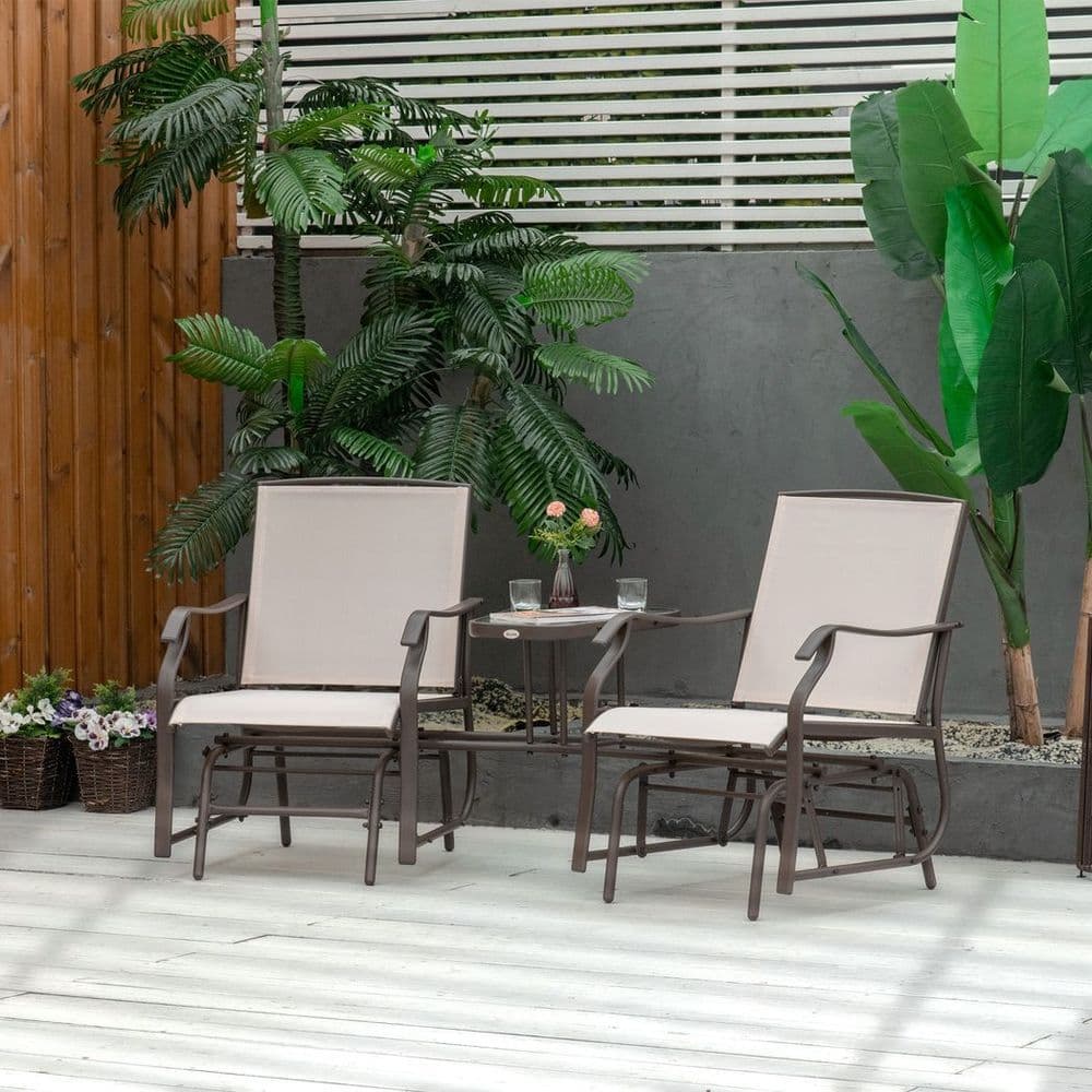 image-Outsunny Double Glider Companion Rocking Chairs Loveseat Garden Table Beige