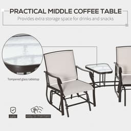 image-Outsunny Double Glider Companion Rocking Chairs Loveseat Garden Table Beige