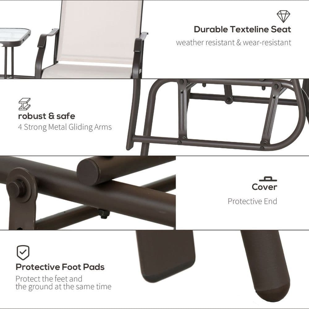 image-Outsunny Double Glider Companion Rocking Chairs Loveseat Garden Table Beige