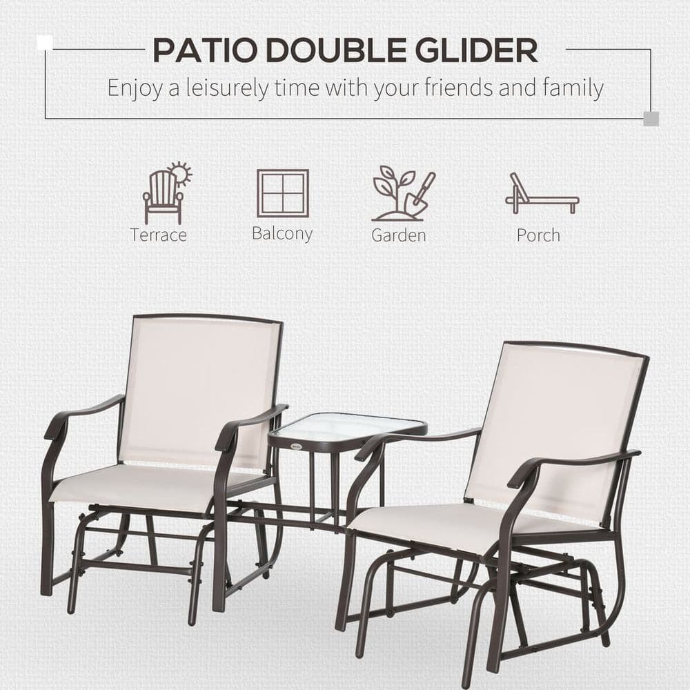 image-Outsunny Double Glider Companion Rocking Chairs Loveseat Garden Table Beige