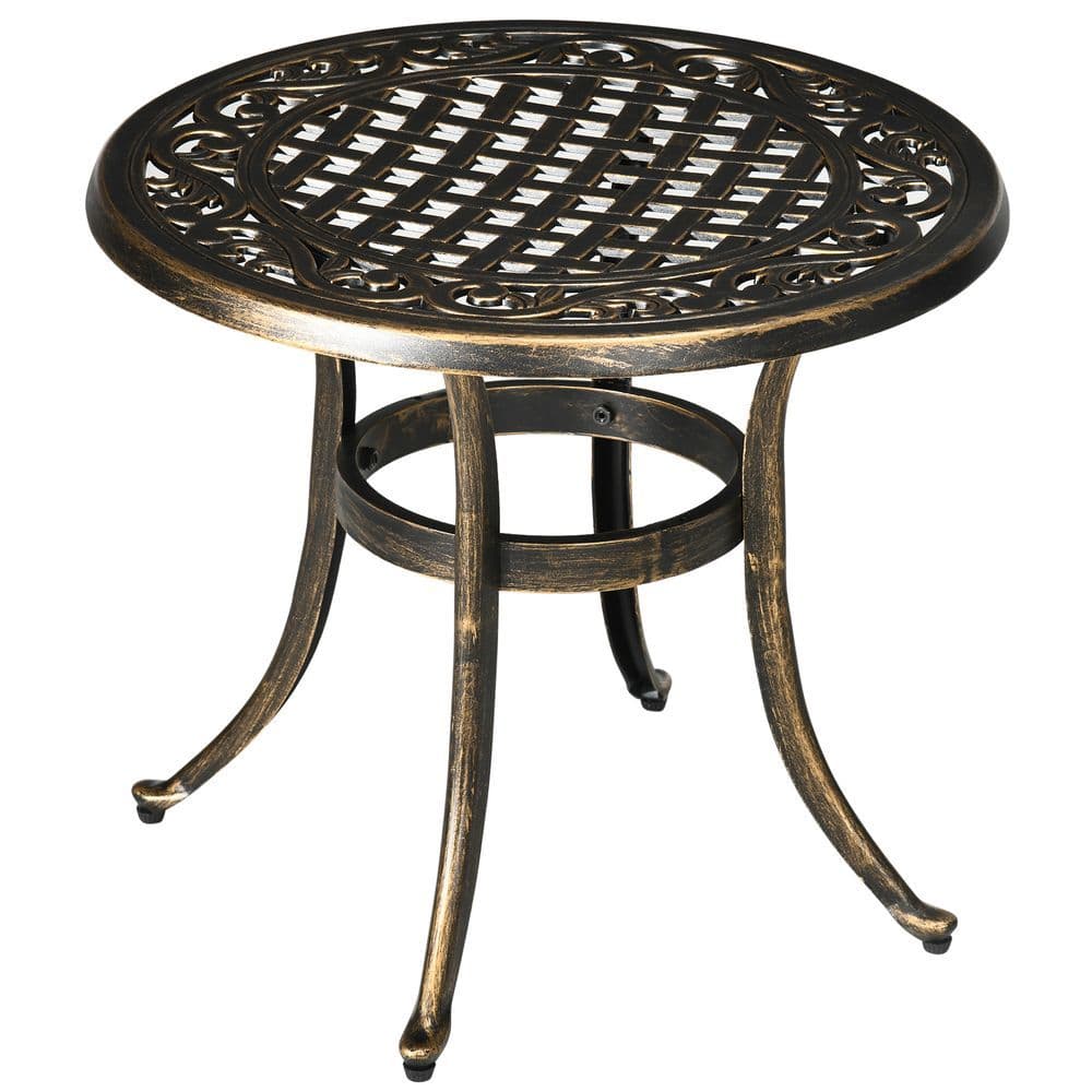 image-Outsunny 60cm Round Hollow Top Design Side Table with Cast Aluminum Frame