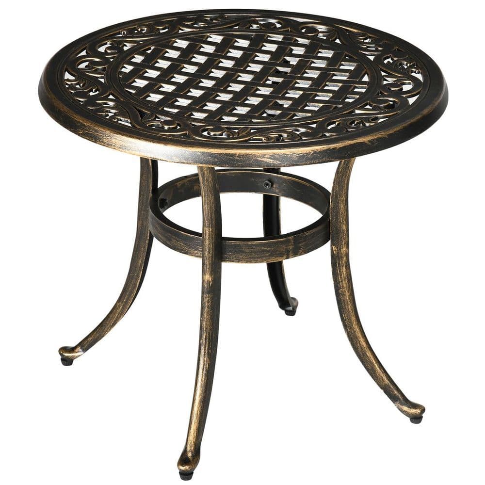image-Outsunny 60cm Round Hollow Top Design Side Table with Cast Aluminum Frame