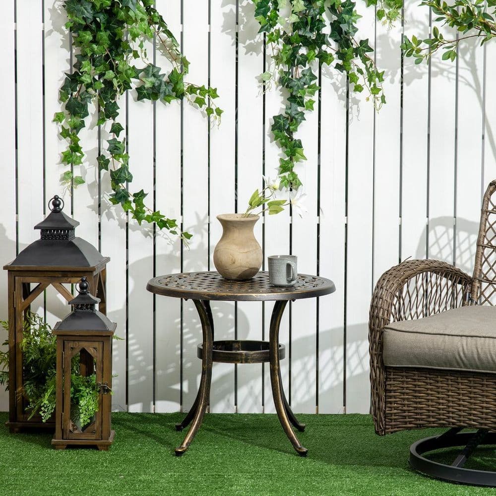 image-Outsunny 60cm Round Hollow Top Design Side Table with Cast Aluminum Frame