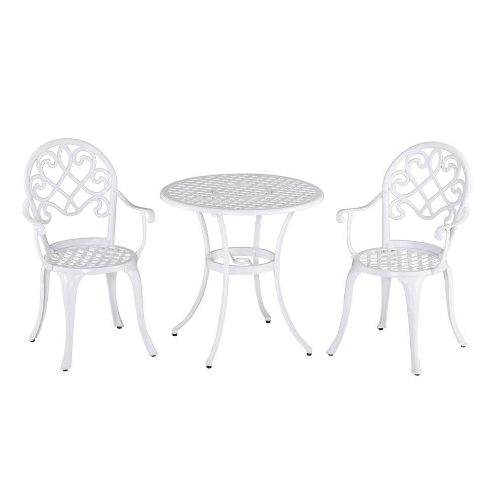 image-Outsunny 3PCs Garden Bistro Set Cast Aluminium Round Table with 2 Chairs White