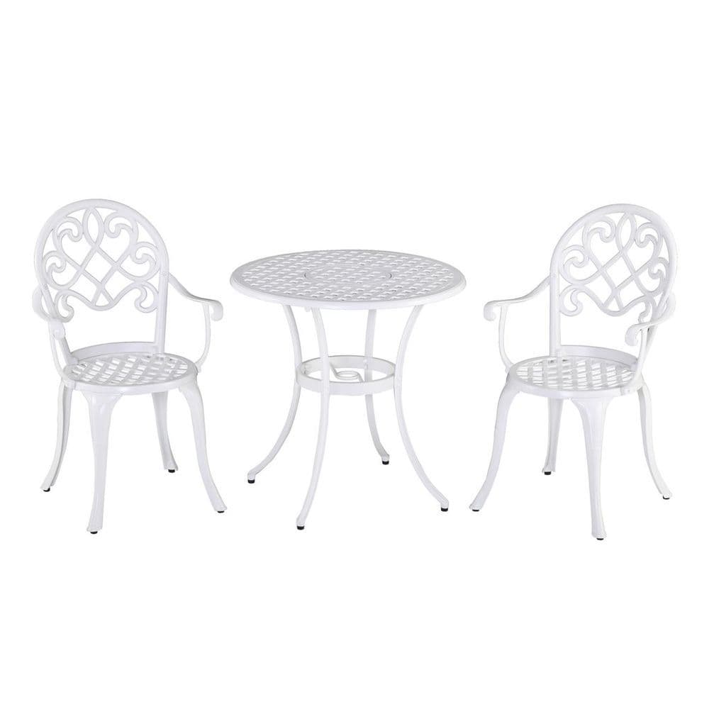 image-Outsunny 3PCs Garden Bistro Set Cast Aluminium Round Table with 2 Chairs White