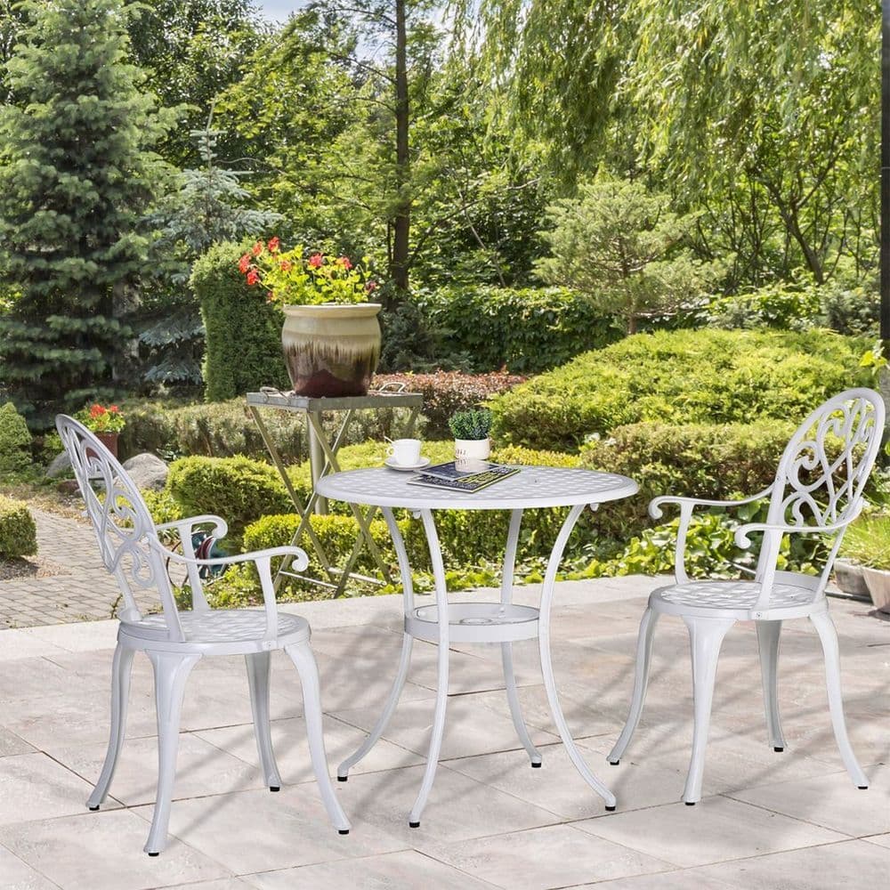 image-Outsunny 3PCs Garden Bistro Set Cast Aluminium Round Table with 2 Chairs White