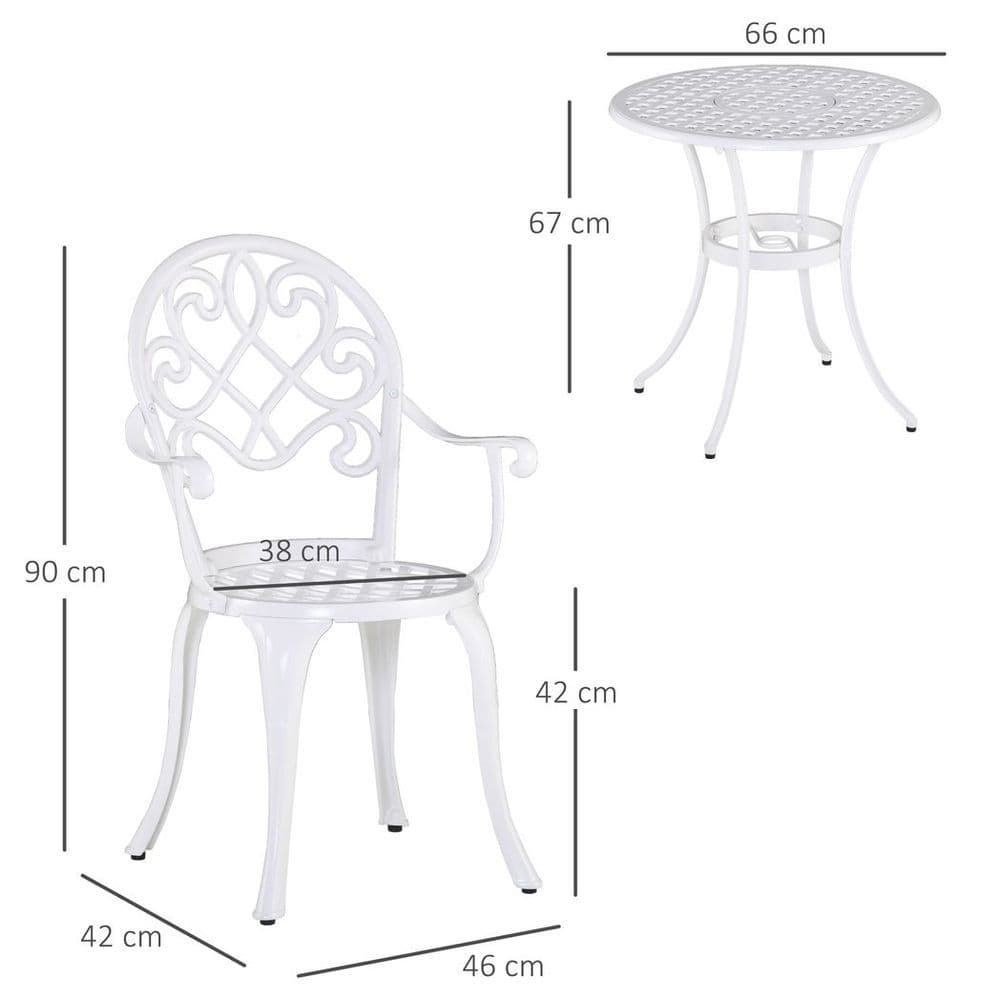 image-Outsunny 3PCs Garden Bistro Set Cast Aluminium Round Table with 2 Chairs White