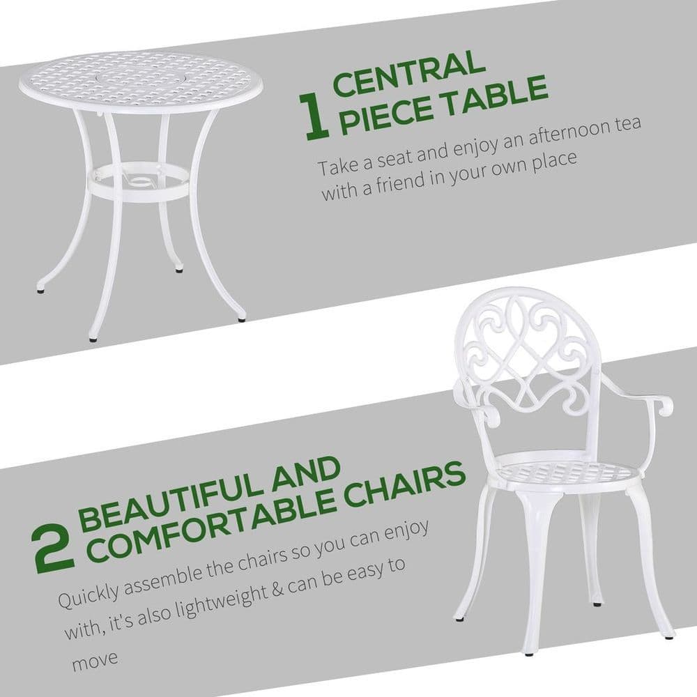 image-Outsunny 3PCs Garden Bistro Set Cast Aluminium Round Table with 2 Chairs White