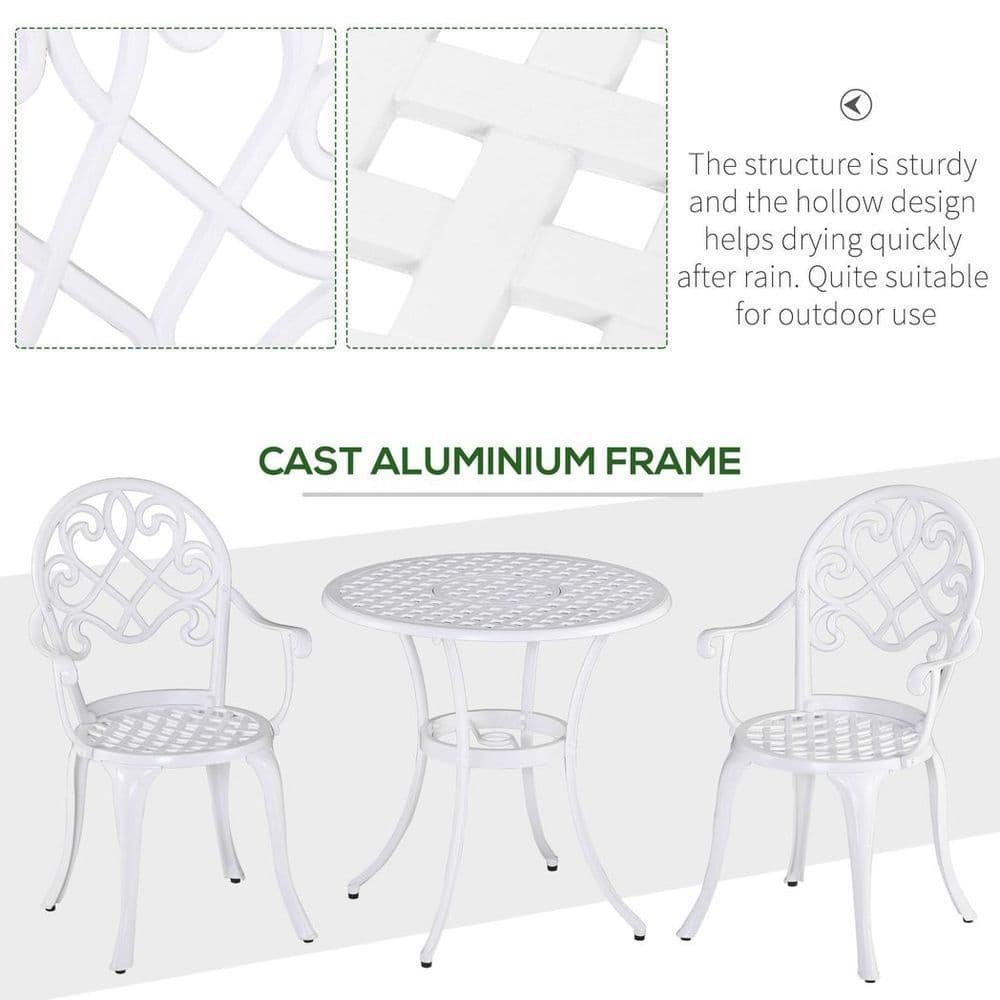 image-Outsunny 3PCs Garden Bistro Set Cast Aluminium Round Table with 2 Chairs White