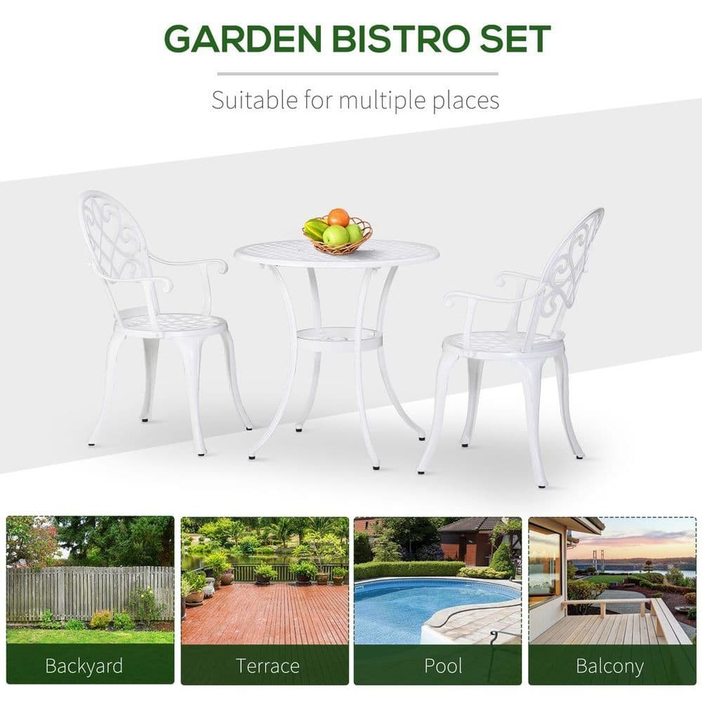 image-Outsunny 3PCs Garden Bistro Set Cast Aluminium Round Table with 2 Chairs White