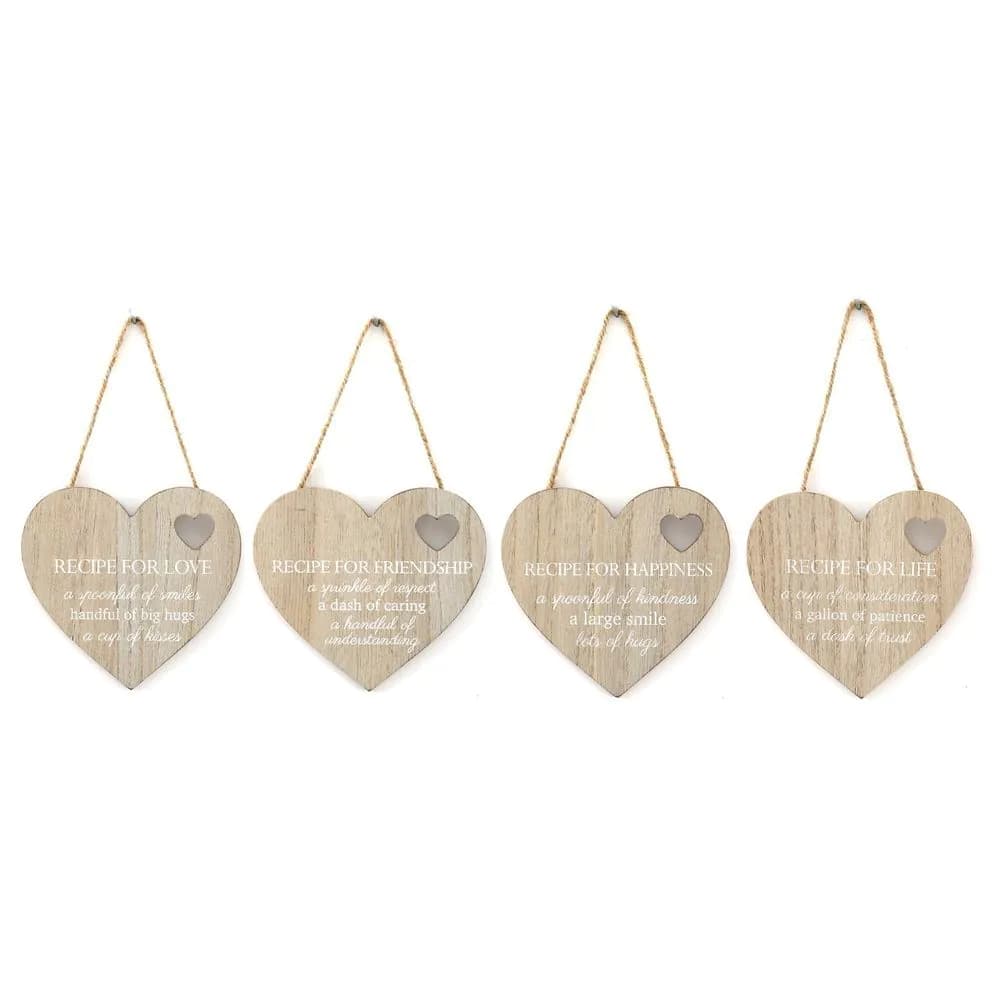 image-Set of 4 Wood Hanging White Etched Life Recipe Heart Plaque