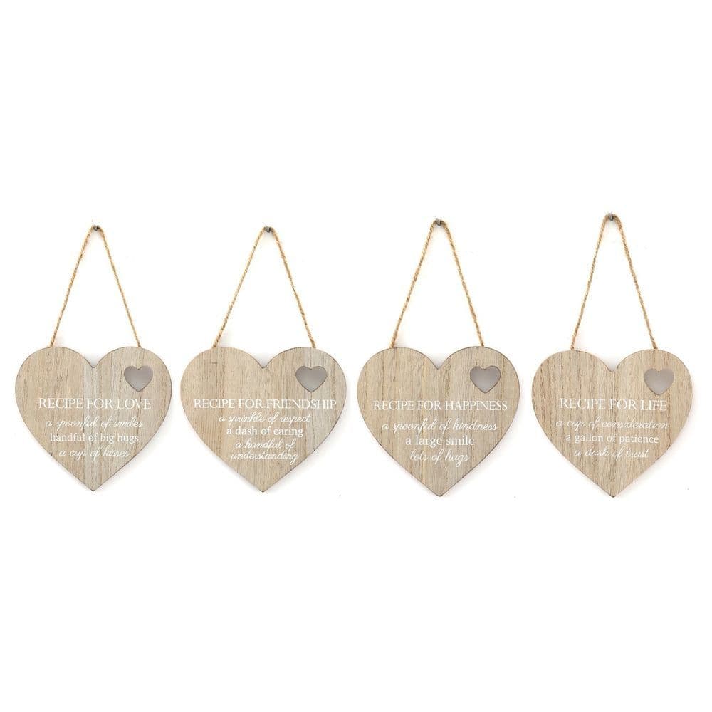 image-Set of 4 Wood Hanging White Etched Life Recipe Heart Plaque