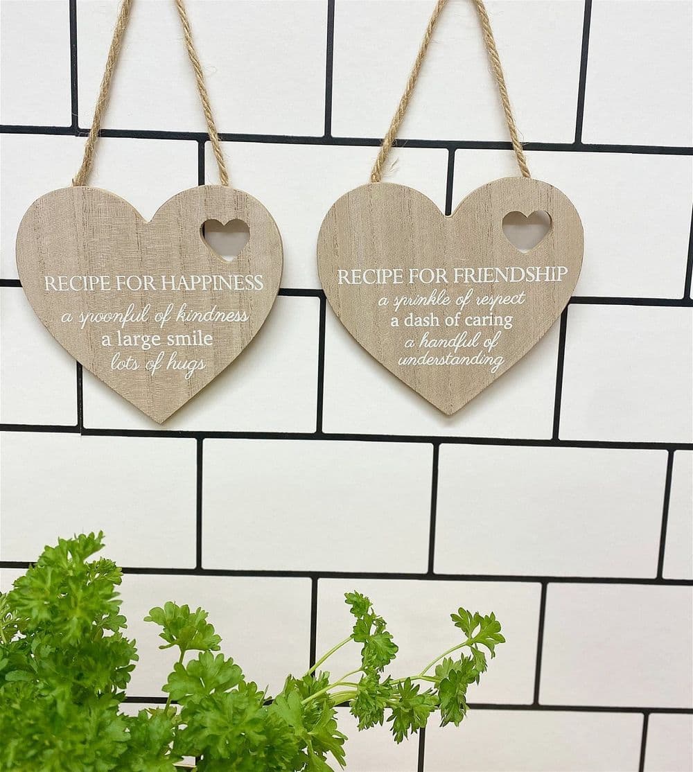 image-Set of 4 Wood Hanging White Etched Life Recipe Heart Plaque