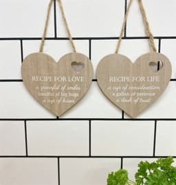 image-Set of 4 Wood Hanging White Etched Life Recipe Heart Plaque
