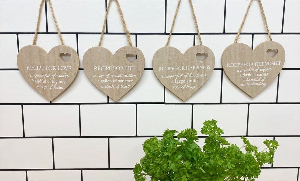 image-Set of 4 Wood Hanging White Etched Life Recipe Heart Plaque