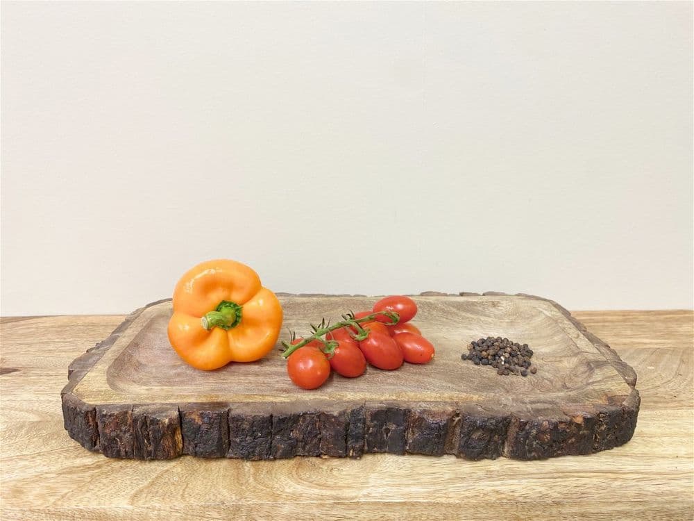 image-Large Wooden Platter Tray With Bark Edging