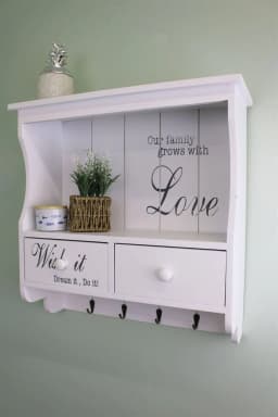 image-Wall Unit in White with Hooks, Drawers & Shelf