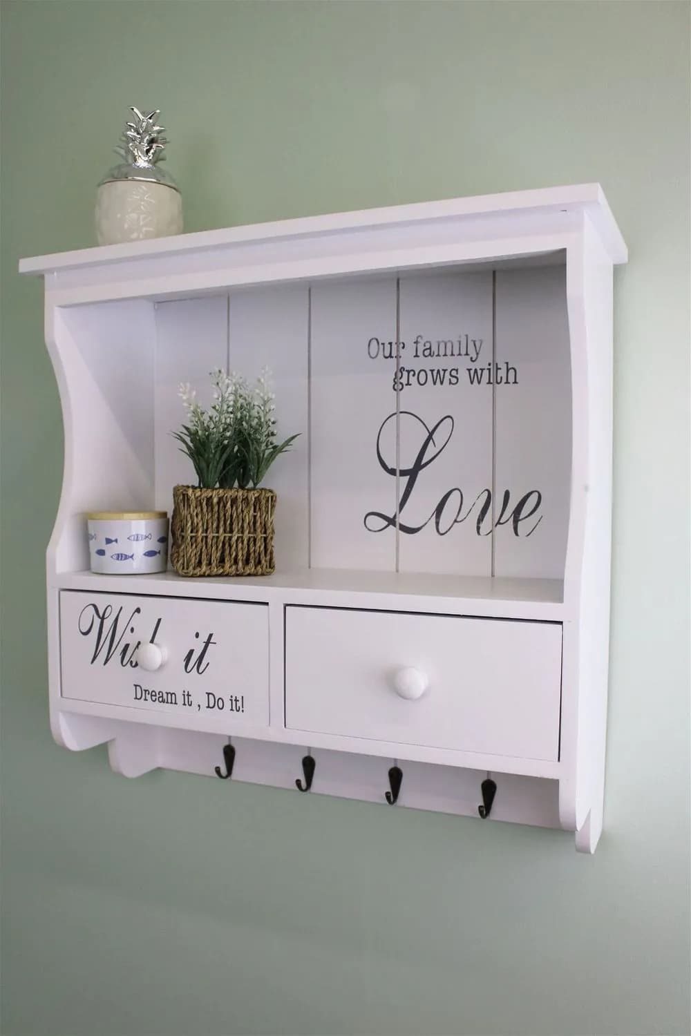 image-Wall Unit in White with Hooks, Drawers & Shelf