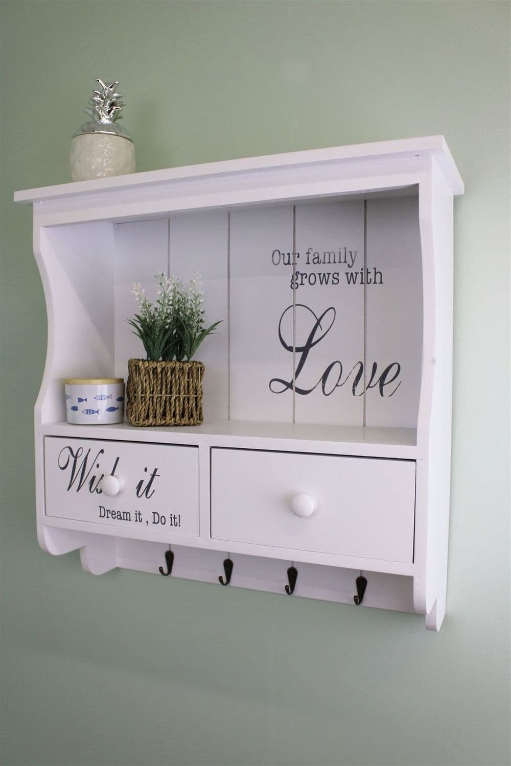 image-Wall Unit in White with Hooks, Drawers & Shelf