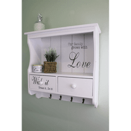 image-Wall Unit in White with Hooks, Drawers & Shelf