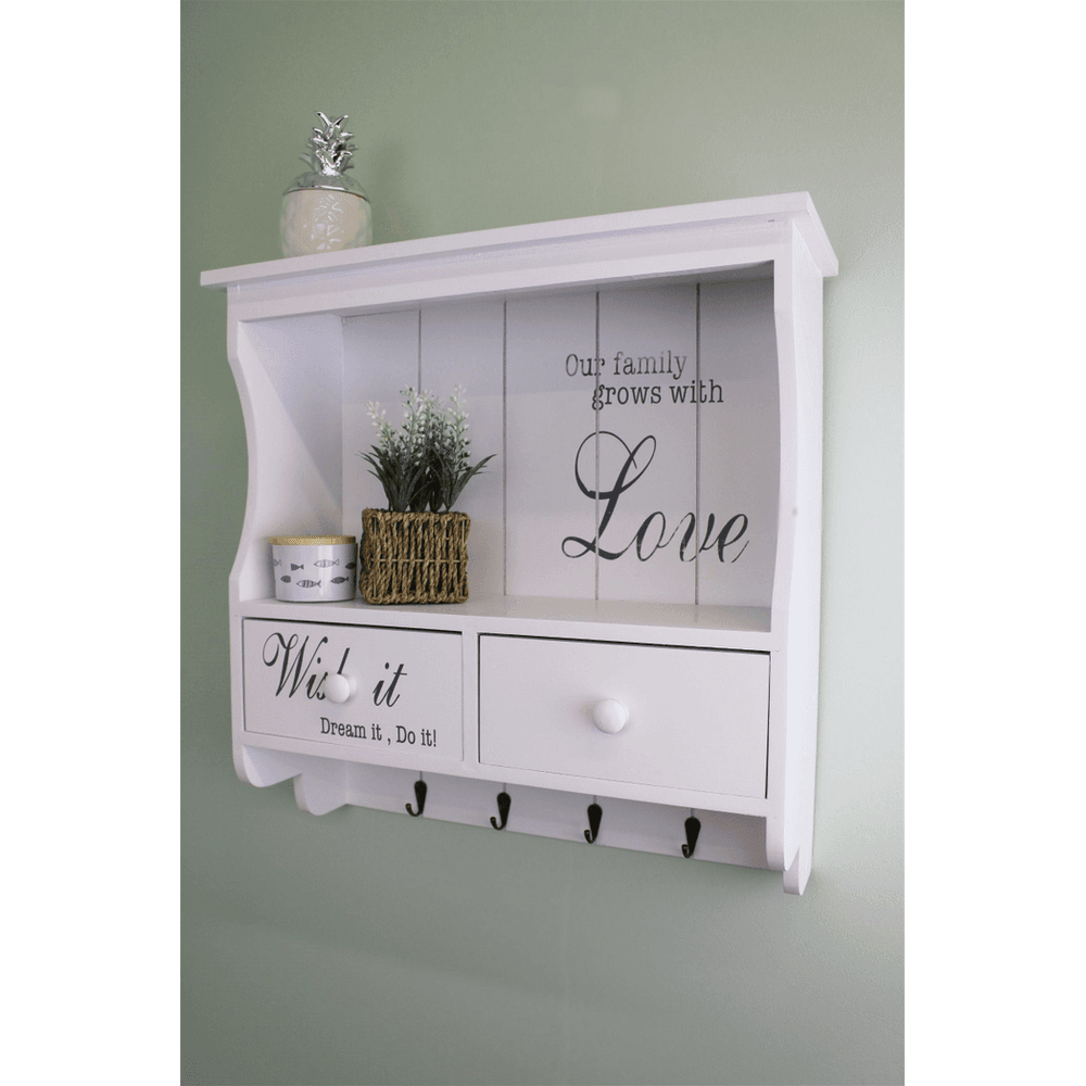 image-Wall Unit in White with Hooks, Drawers & Shelf