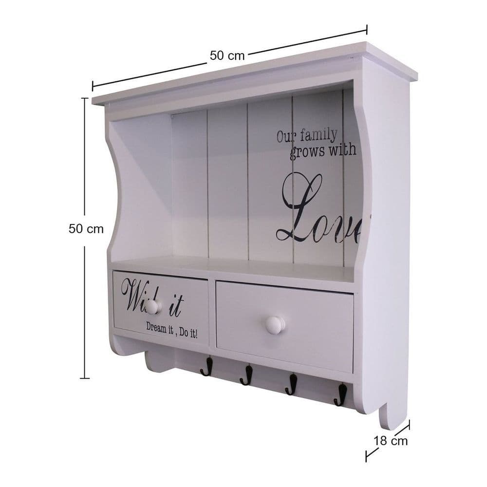 image-Wall Unit in White with Hooks, Drawers & Shelf
