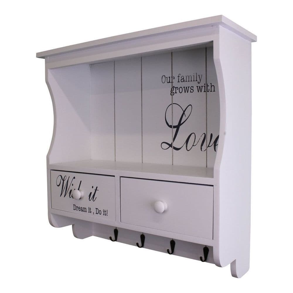 image-Wall Unit in White with Hooks, Drawers & Shelf