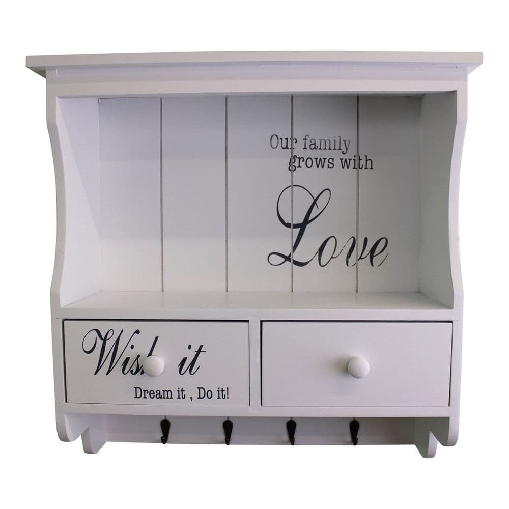 image-Wall Unit in White with Hooks, Drawers & Shelf