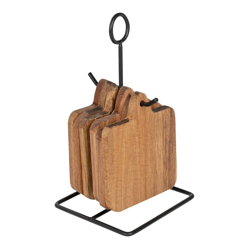 image-Acacia Coasters With a Black Metal Stand, Set Of 6