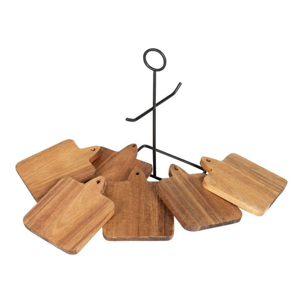 image-Acacia Coasters With a Black Metal Stand, Set Of 6