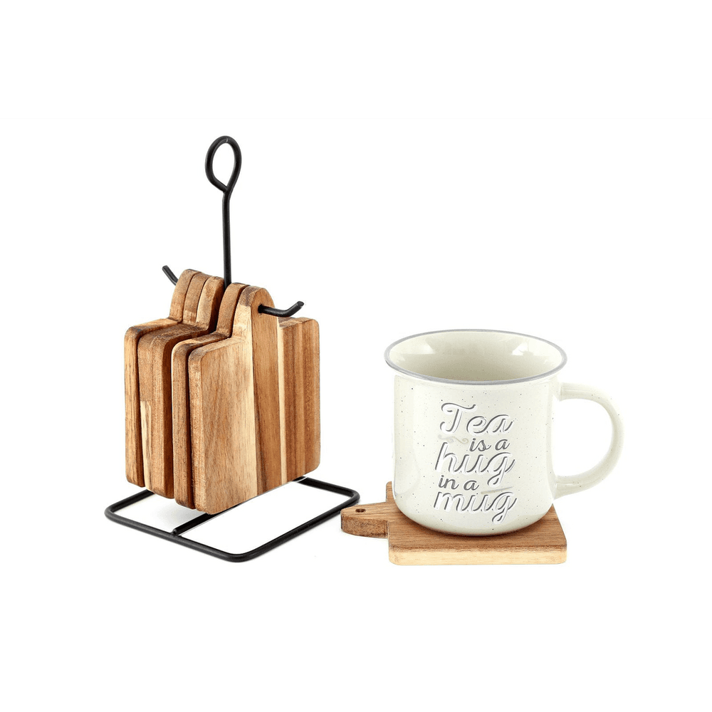 image-Acacia Coasters With a Black Metal Stand, Set Of 6