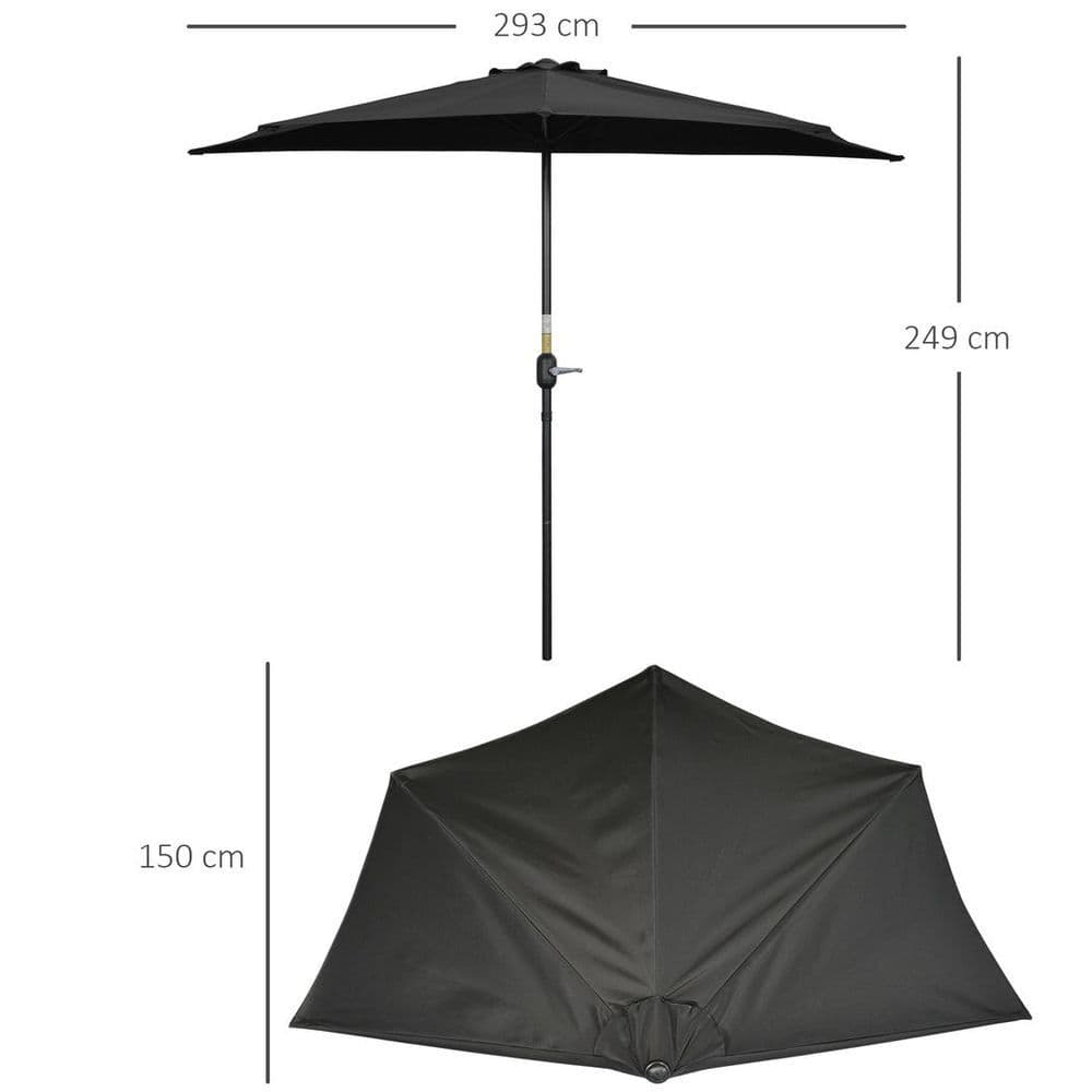 image-Outsunny 3(m) Half Round Parasol Garden Sun Umbrella Metal w/ Crank Black
