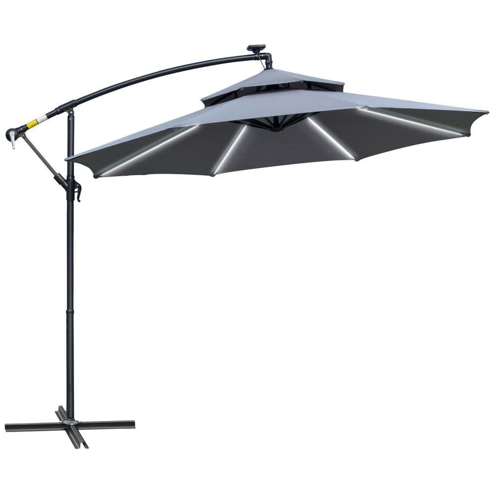 image-Outsunny 3(m) Cantilever Parasol Hanging Banana Umbrella w/ lights, Grey