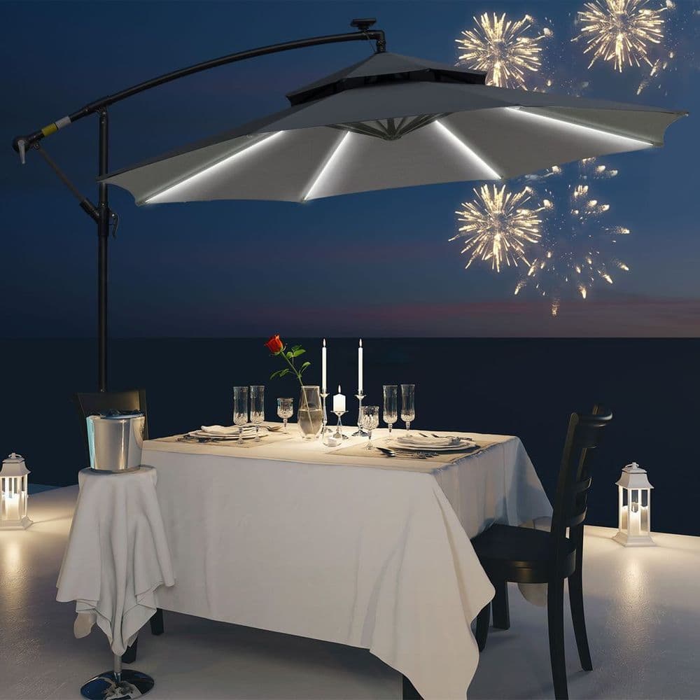 image-Outsunny 3(m) Cantilever Parasol Hanging Banana Umbrella w/ lights, Grey