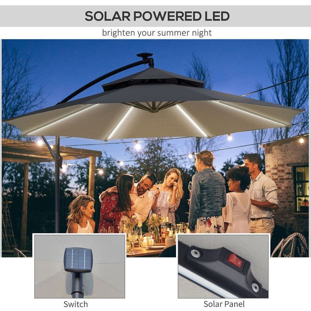 image-Outsunny 3(m) Cantilever Parasol Hanging Banana Umbrella w/ lights, Grey